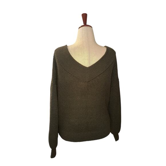 Xenana oversized green deep v off shoulder waffle knit sweater sz‎ xs fits large - Picture 4 of 7